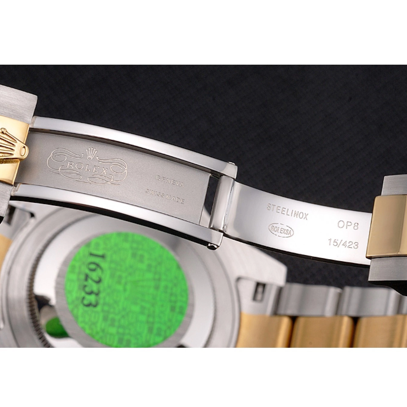 AAA replica watch Markings Gold Black Dial Tone Gold Two Submariner Diamond Bezel Swiss Steel Rolex Bracelet 0818